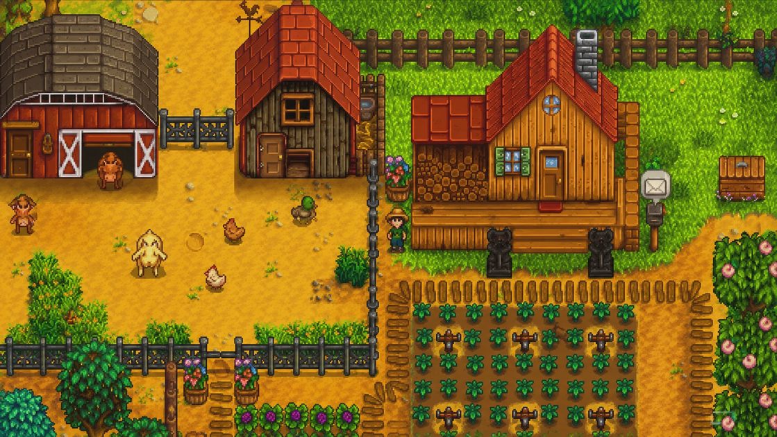 Farm layout and crop management gameplay in Stardew Valley simulation game.webp