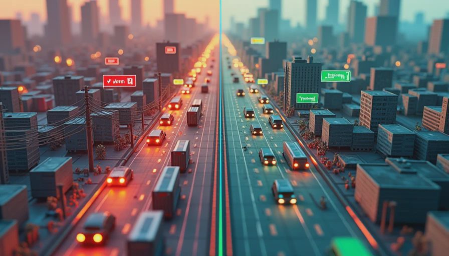 Split-screen 3D graphic comparing a congested city traffic gridlock on the left with an optimized urban transit layout on the right.webp