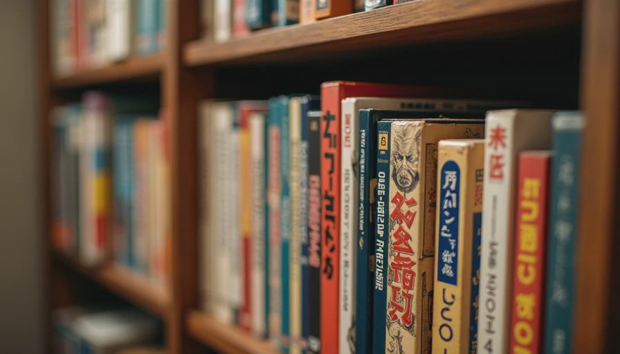 Close-up of a wooden bookshelf with Japanese manga volumes and collector books.webp