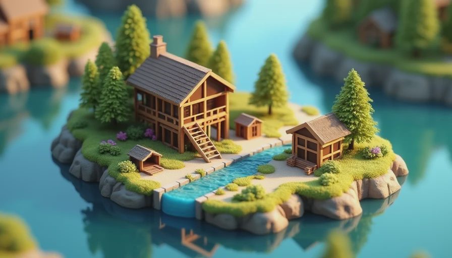 Isometric 3D diorama featuring a timber water dam and an organic gridless settlement in a city building game.webp