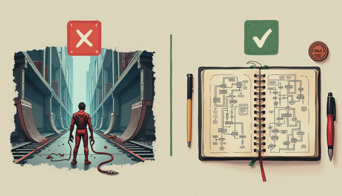 An open blueprint notebook displaying technical flowcharts and conveyor loops next to a Save Slot Sunday stamp for systems simulation blog.webp