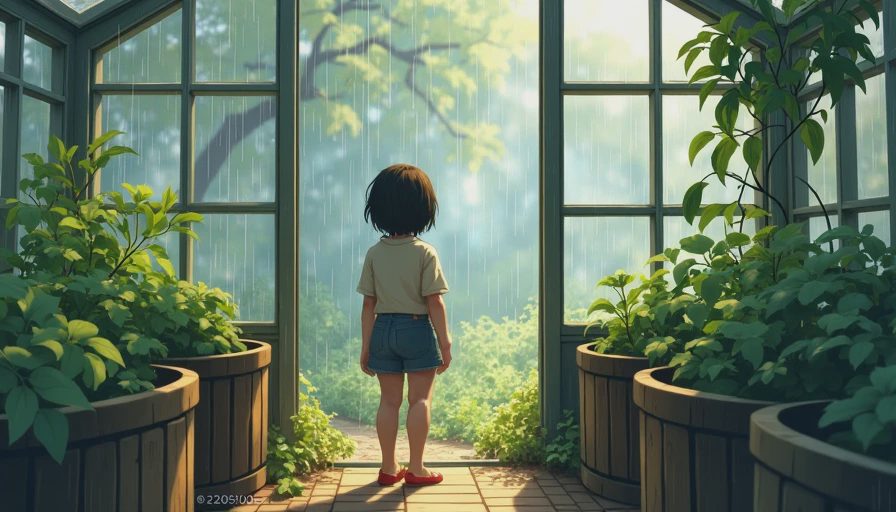 Manga panel illustration of a peaceful daily routine and greenhouse in a slow-burn simulation game.webp