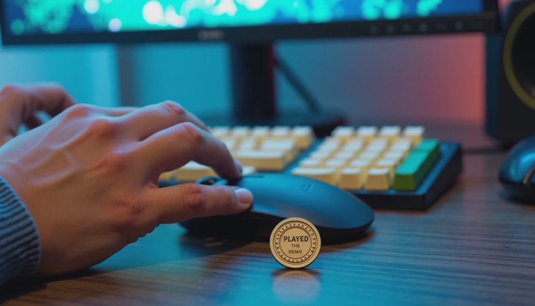 A golden badge marked "PLAYED THE DEMO" next to a gaming mouse, representing trying simulation demos on Steam.webp