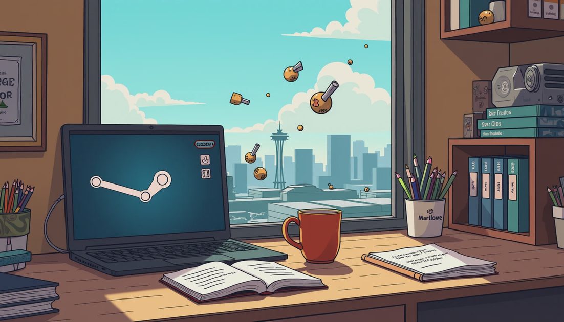 A cozy Seattle gaming desk setup featuring a laptop with Steam interface, physical game boxes on a wooden shelf, and a view of the Space Needle.webp