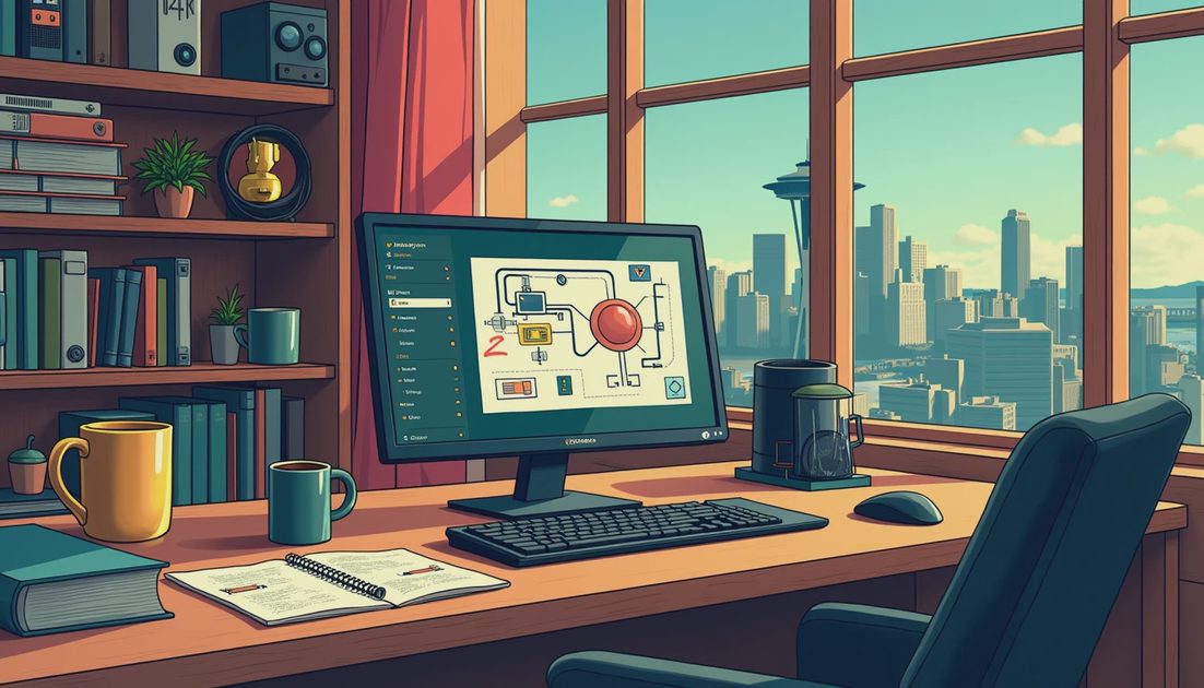 A cozy Seattle gaming desk setup with a Steam Deck displaying a 2D automation grid, coffee mug, and physical game boxes on a shelf.webp