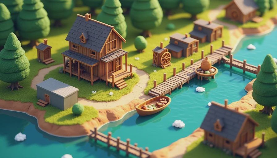 3D isometric wooden lodge, waterwheel, and dam in a cozy river village from Timberborn.webp