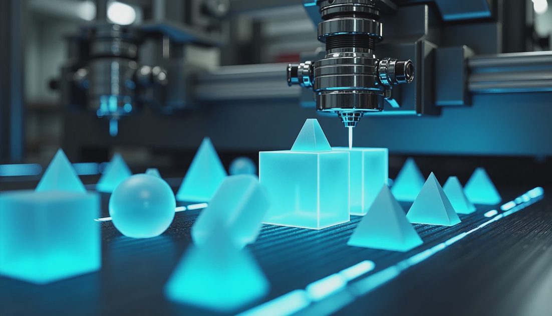 Mechanical arms and lasers cutting geometric shapes on a conveyor belt in shapez 2.webp