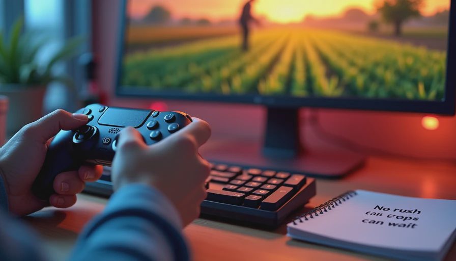 Cozy gaming setup displaying a farming simulation game loop breakdown on a computer screen.webp