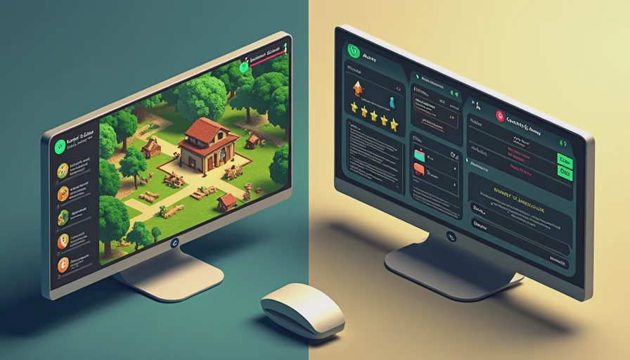 Side by side gameplay comparison of a readable simulation core loop and an unfinished game interface.webp
