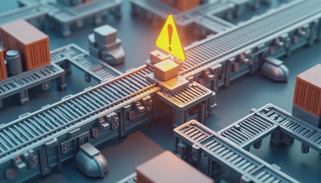 Industrial factory supply line with a prominent yellow caution warning icon indicating a visible logistics bottleneck.webp