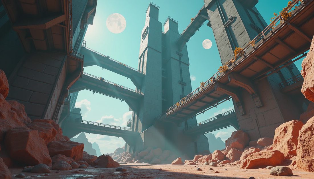 3D vertical factory layout with multi-level conveyor belts on an alien planet in Satisfactory.webp