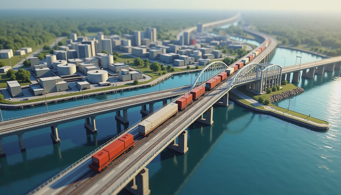 3D isometric view of a regional cargo train on a multi-track railway connecting industrial logistics and coastal port city zones.webp
