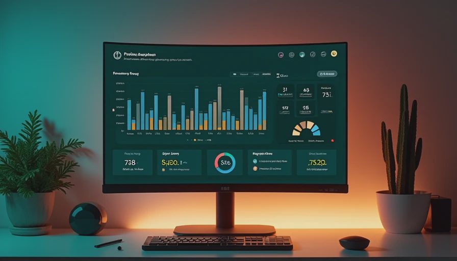 Monitor on a wooden desk displaying a clean simulation game dashboard with bar charts and circular gauges.webp