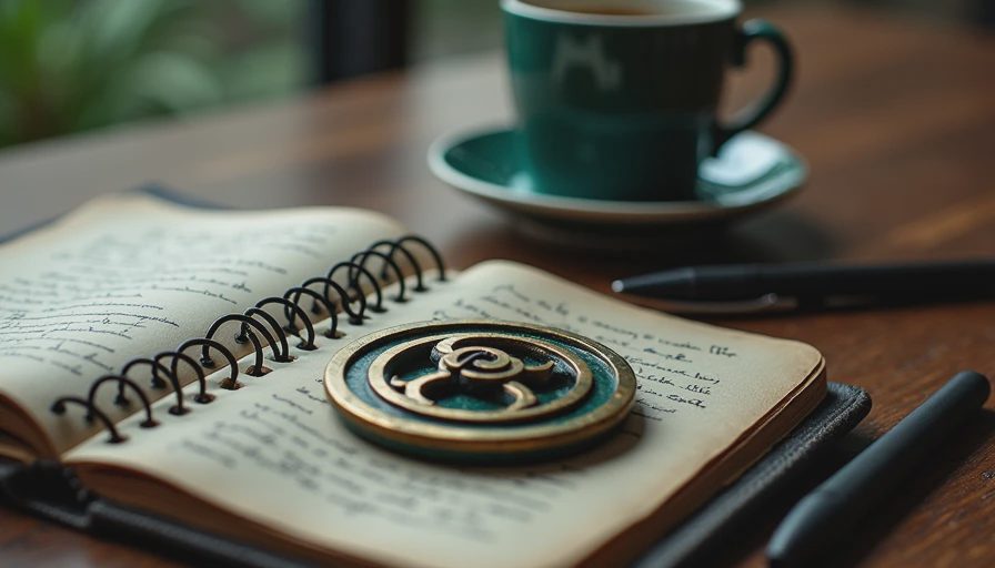 Brass and dark green interlocking gear emblem resting on an open notebook beside a coffee cup.webp