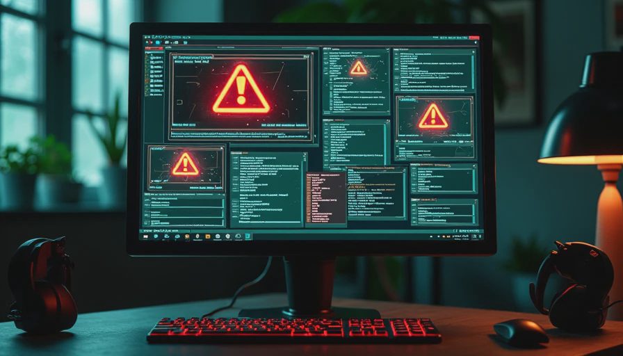 PC gaming desk with a red backlit keyboard and monitor displaying chaotic red alert pop-ups in a simulation game.webp