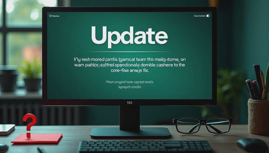 Computer monitor showing a game store update announcement with large Update text header.webp