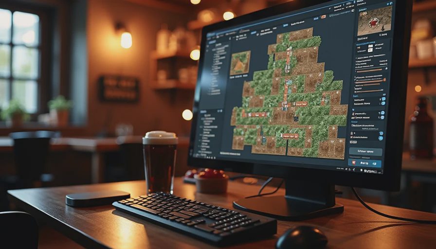 Computer monitor showing a dark-themed tavern management game interface with recipe trees and customer metrics.webp