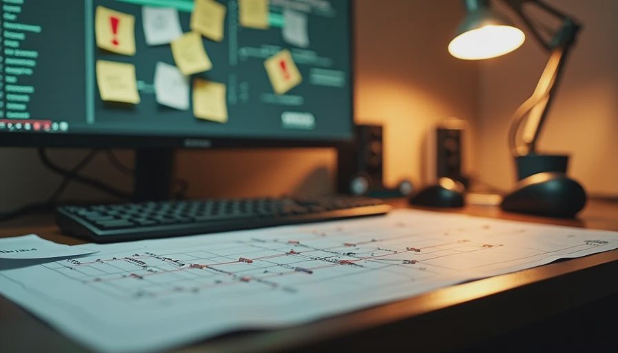 Gamer desk with urgent red alert notes in background and organized logistics blueprint in foreground.webp