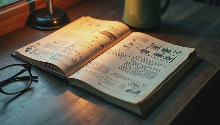 Open physical PC game manual with diagrams on a dark wooden desk next to glasses and a mouse.webp