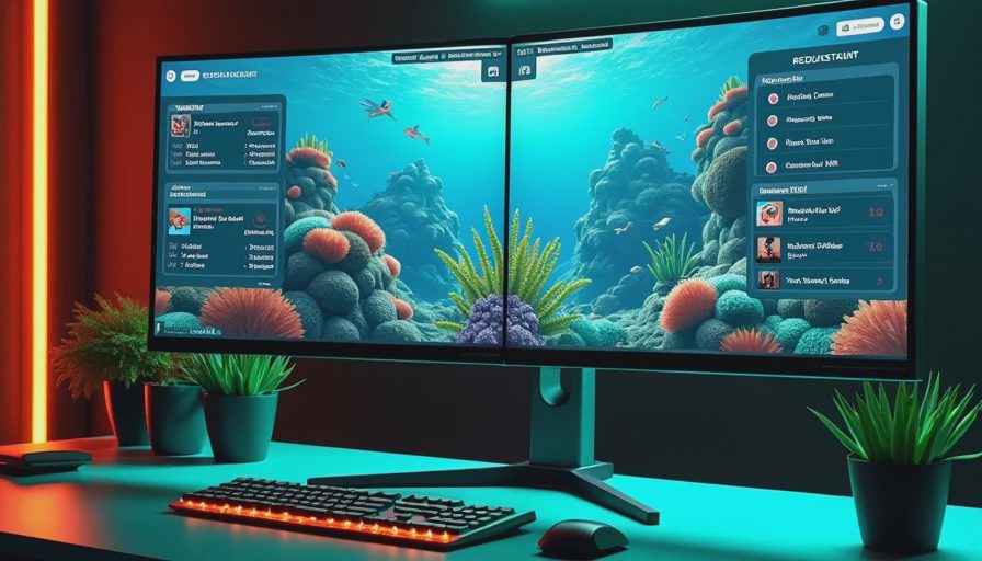 Dual-monitor setup displaying underwater gathering visuals alongside a restaurant menu and staffing management dashboard.webp